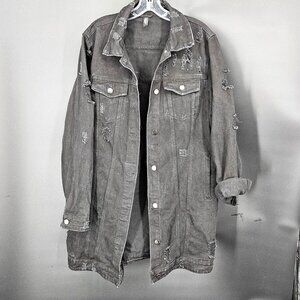 Long Jean Denim Jacket Women Large Black Distress Hole Trucker Punk Rock Gothic